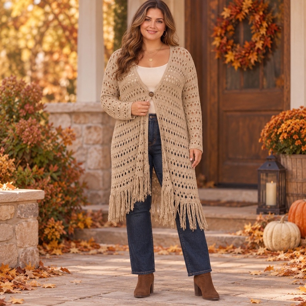 Retro Threads 100% Cotton Cardigan Tan Open Knit Fringe Boho Coastal Grandma L